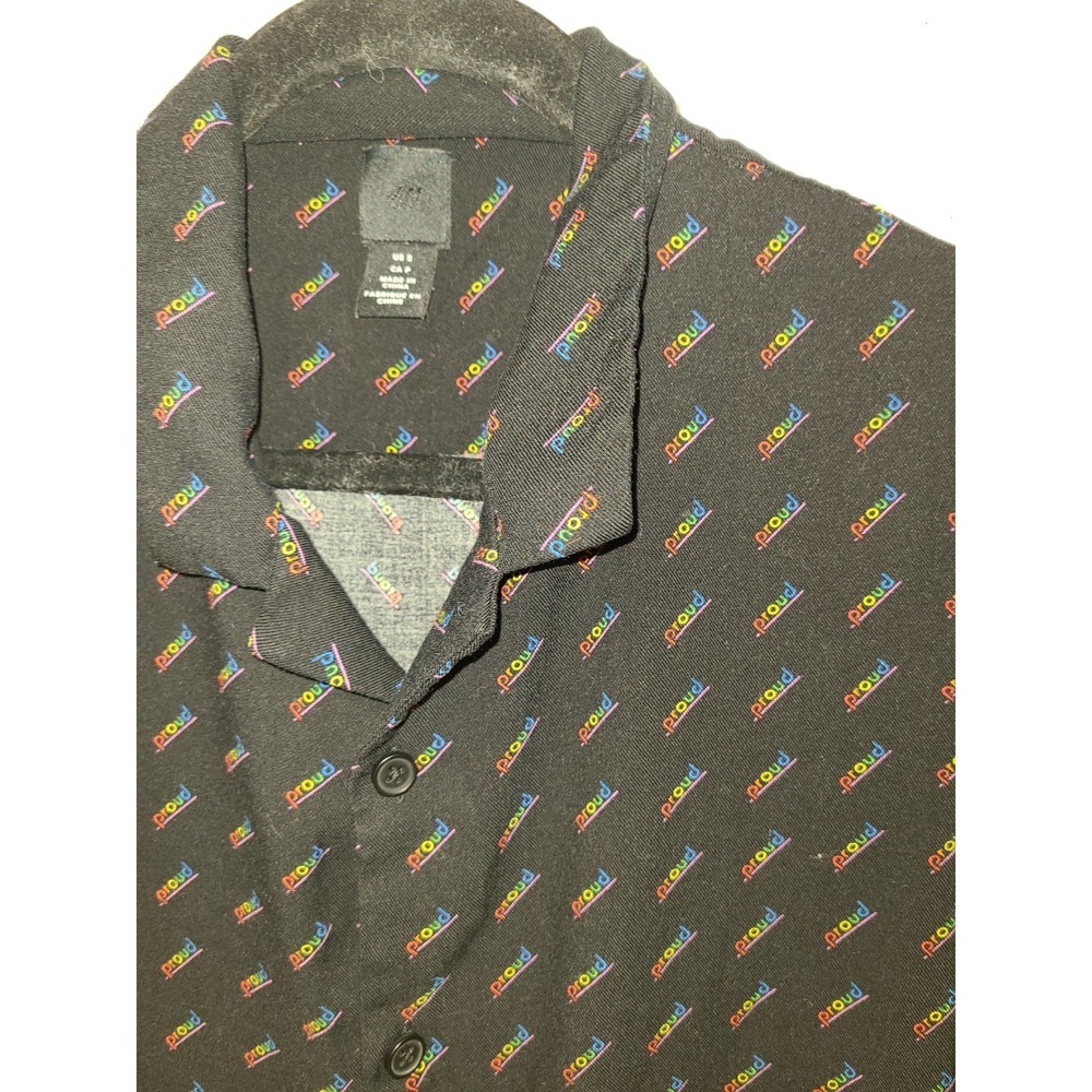 H&M PROUD Short Sleeve Button Collared Black Shirt Gay Pride LGBTQ+ Rainbow Sm